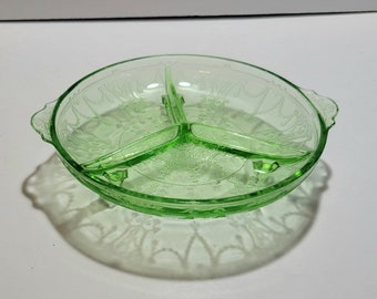 Vintage Vaseline Anchor Hocking divided relish dish, green depression glass Anchor Hocking dish, vintage Anchor Hocking, Vaseline glass