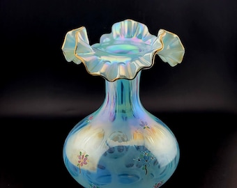1991 Fenton Glass Blue Opalescent Coin Dot Ruffle Vase, Signed  by D Barbour, art glass,  home decor,  pink flowers