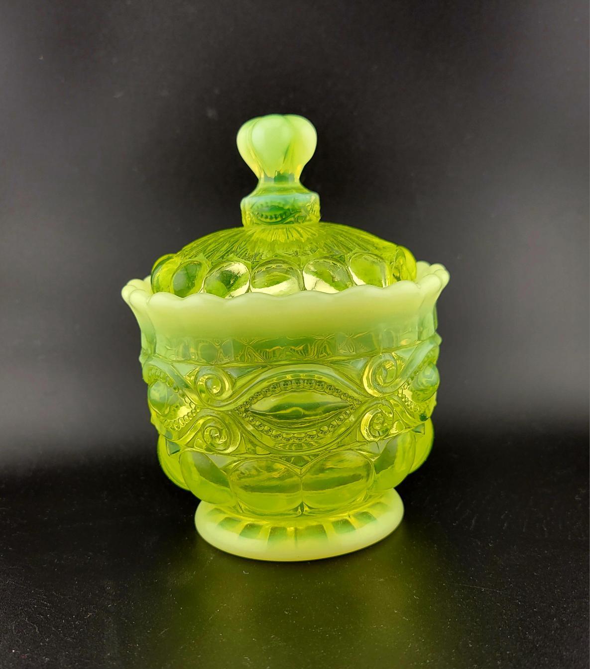 Rare Mosser Topaz Opalescent Vaseline Glass Sugar Bowl, Eye