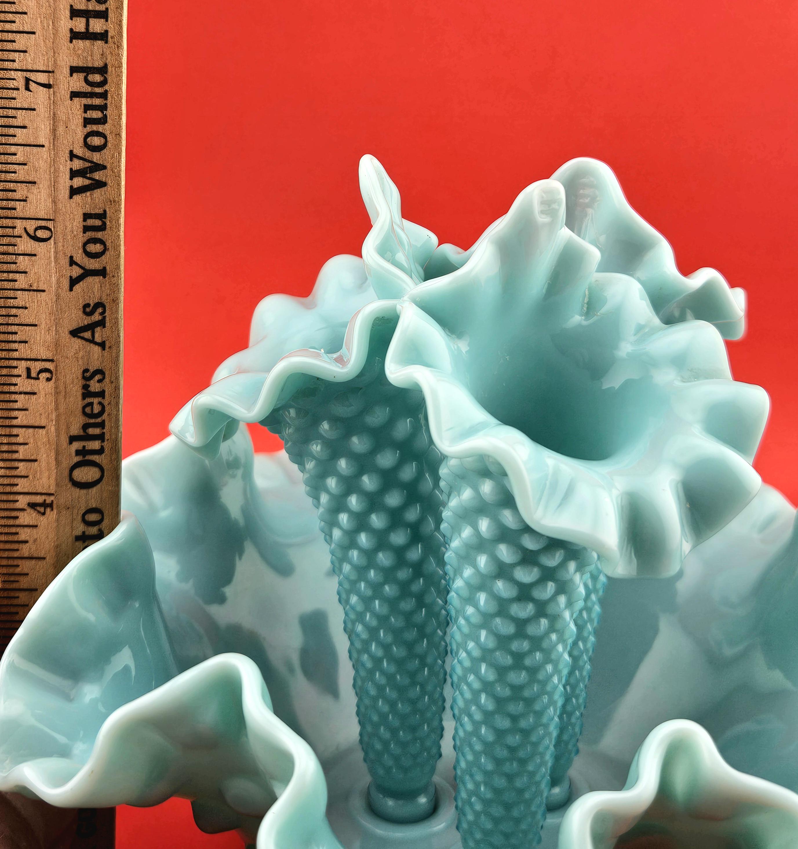 Fenton Turquoise Milk Glass Three Horn Hobnail Epergne Vase