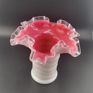Vintage Fenton Pink And White Ruffled Silvercrest Vase, milkglass,  ruffle,  art glass, flower vase, cottage core