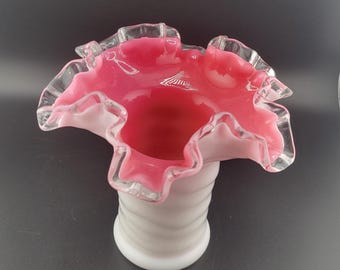 Vintage Fenton Pink And White Ruffled Silvercrest Vase, milkglass,  ruffle,  art glass, flower vase, cottage core