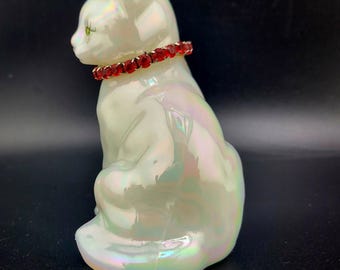 Fenton Cat With Red Rhinestone Necklace, Signed Sitting