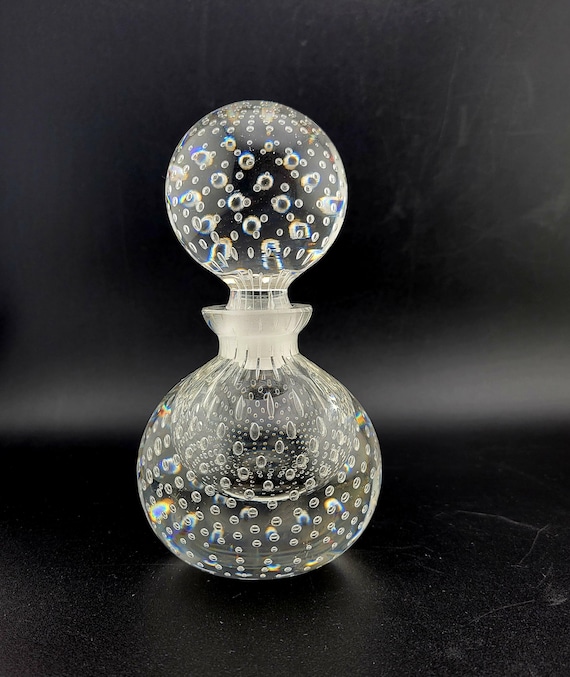 Art Deco Gundersen Vintage Crystal Bubble Glass Perfume Bottle, controlled bubble art glass,  apothecary jar, glass decanter,  mcm
