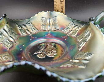 Fenton Green Carnival Glass Butterfly Handled Bon Bon Dish Bowl