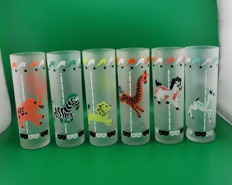 Vintage Libbey "Merry-Go-Round" or "Carousel" frosted highball/Collins glasses, Mid Century,  kissing,  retro,  glass tumblers