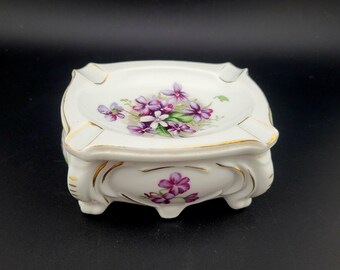 Hand painted China humidor and ashtrays, vintage vanity china humidor box, purple flowers, hand painted china ashtray,  cottage core