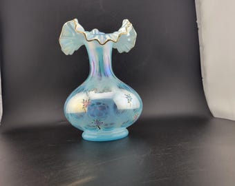 1991 Fenton Glass Blue Opalescent Coin Dot Ruffle Vase, Signed by 1991 Fenton Glass Blue Opalescent Coin Dot Ruffle Vase, Signed by