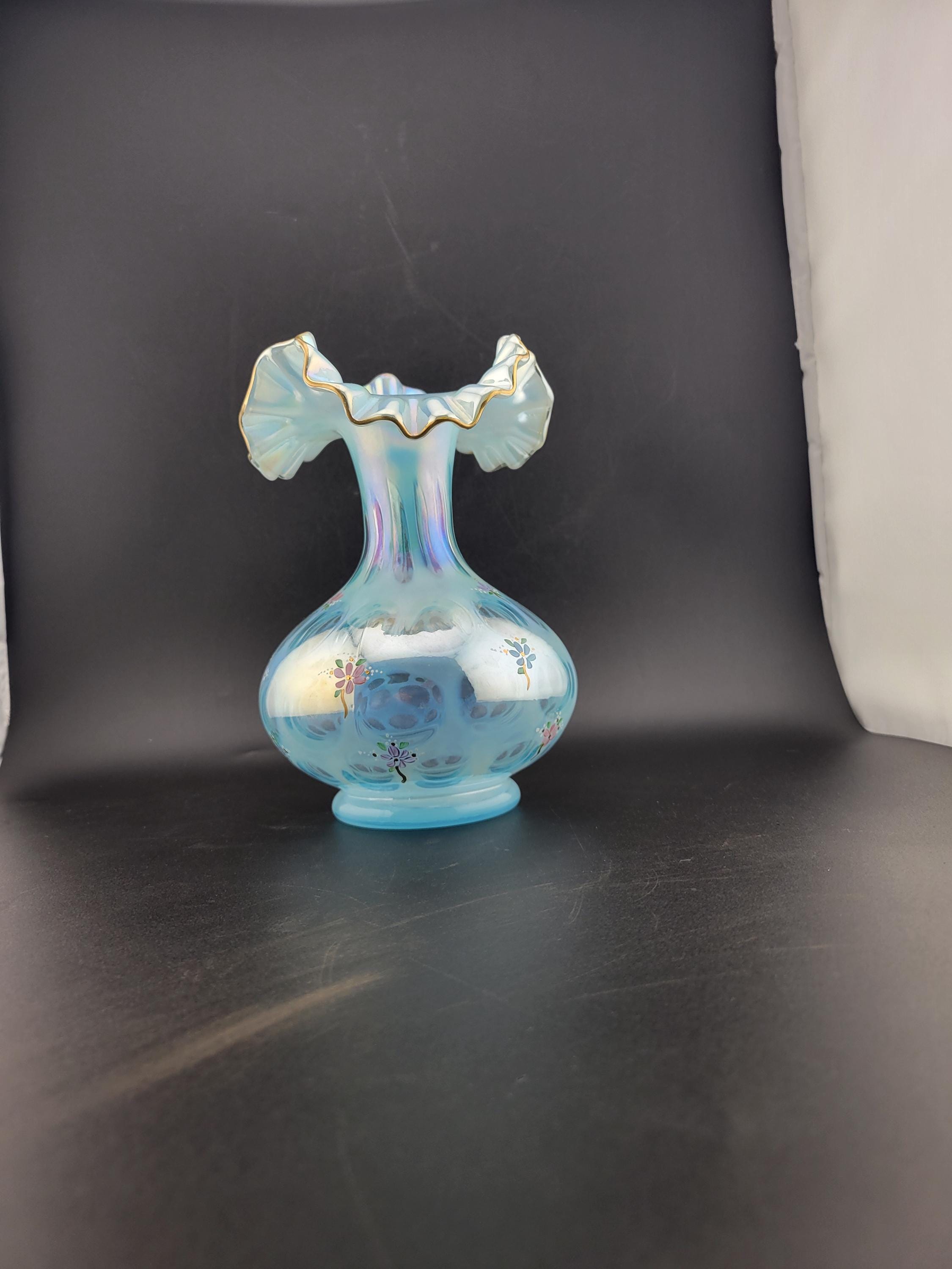 1991 Fenton Glass Blue Opalescent Coin Dot Ruffle Vase, Signed by