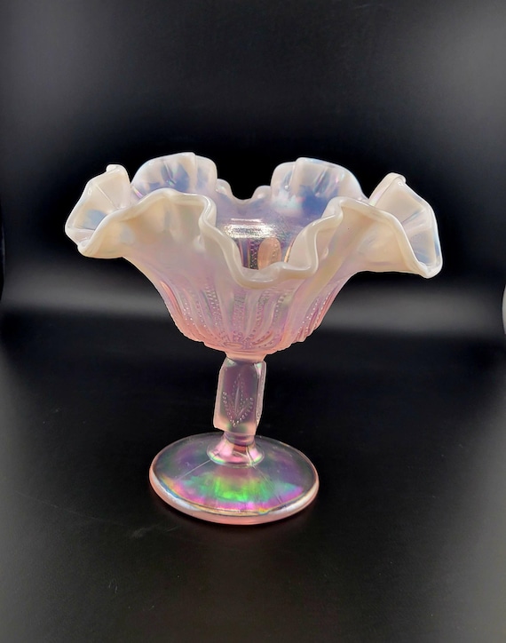 フェントン ピンククレスト Cut & Block オパールセントコンポート Vintage Fenton Pink Opalescent Compote, Vintage Opalescent Fenton