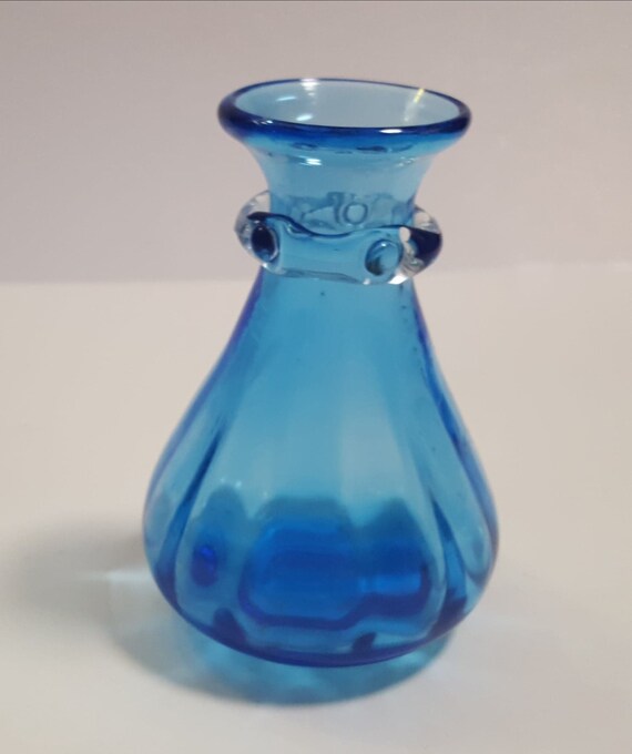 Small Vintage Hand Blown Glass Vase Vintage Blue Glass Etsy