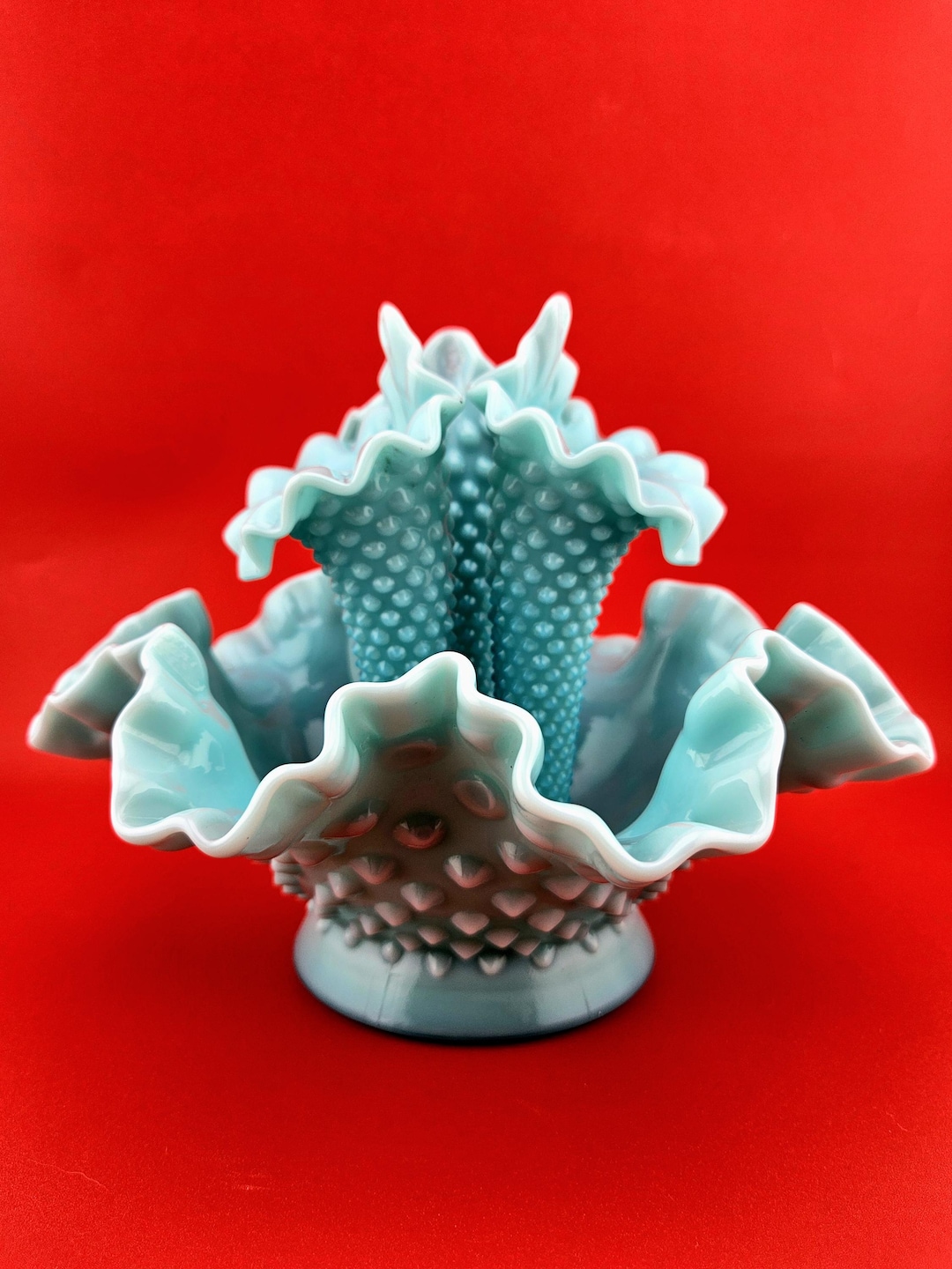 Fenton Turquoise Milk Glass Three Horn Hobnail Epergne Vase