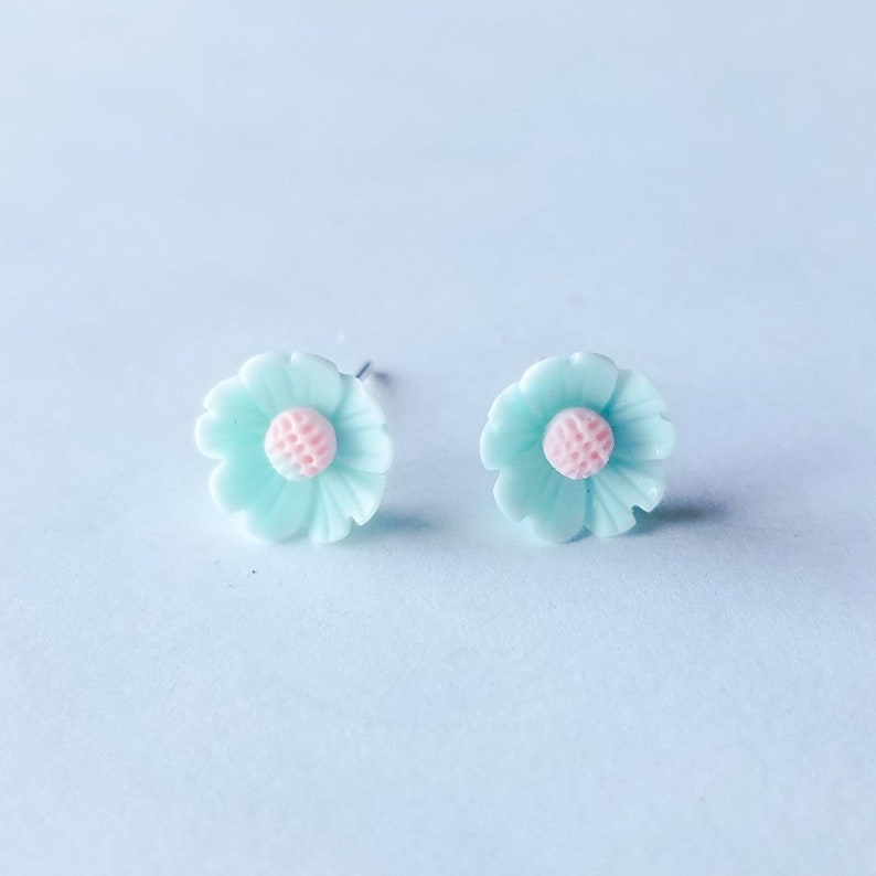 Tiny 8mm Pale Aqua Blue Rose Earrings on Plastic Posts
