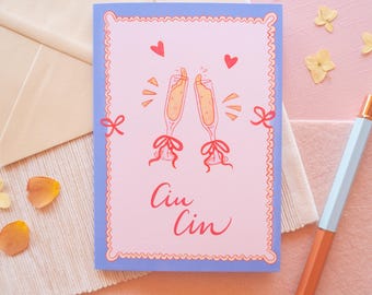 Wedding Card for Newlyweds – Illustrated Champagne Glasses Greeting Card – Cute A6 Cin Cin Card for Engagement or Anniversary