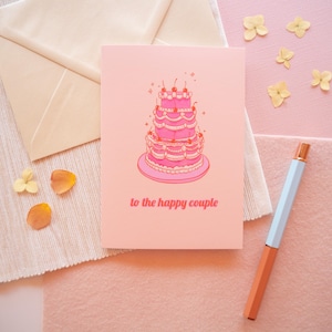 Personalized Wedding Card for Newlyweds – Illustrated Pink Cake Greeting Card with Custom Names & Date – Handmade Romantic Congrats Card