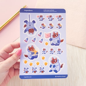 Vers la lune et dos feuille d'autocollants | Stickers bullet journal kawaii | Collection de chats de l'espace