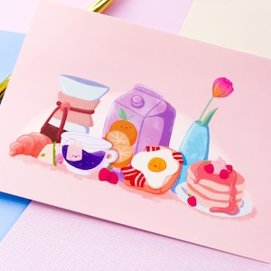 De ontbijtclub briefkaart | Wenskaart | Voedselillustratie | Schattige kawaii-briefkaart