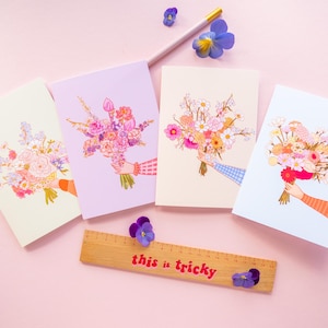 Biglietti d'auguri con bouquet di fiori - Biglietti botanici, biglietti d'auguri con illustrazioni floreali, set di 4 o singoli, biglietti d'auguri per amicizia o matrimonio