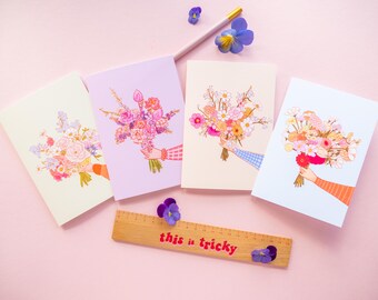 Flower Bouquet Greeting Cards – Botanical Cards, Illustrated Floral Art Notecards, Set of 4 or Singles, Friendship or Wedding Cards