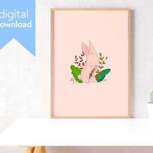 Pink Bunny Printable Wall Art – Digital Download Nursery Print, Minimalist Animal Illustration, Kids Room Decor, Baby Girl Room Art