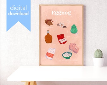 Eggnog Recipe Printable Art – Cozy Holiday Kitchen Wall Decor – Illustrated Christmas Drink Recipe – Digital Download