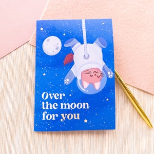 Cartão Over the moon for you | Cartão de felicitações | Coleção de gatos espaciais | Cartão fofo kawaii