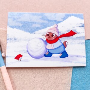 Biglietto di auguri invernale con gatto sciatore carino - Biglietto di auguri fatto a mano, illustrazione di animali stravaganti per gli amanti dei gatti, biglietto di Natale