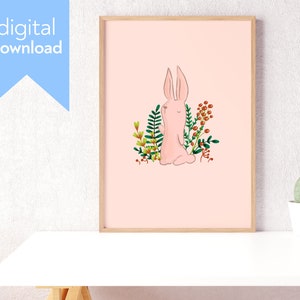 Pink Bunny Printable Wall Art – Digital Download Nursery Print, Minimalist Animal Illustration, Kids Room Decor, Baby Girl Room Art