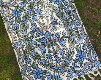 Chain Stitch Wall hanging, Silk Tapestry, Kashmiri Rug, Kashmiri Silk Chain Stitch Wall Hanging, Floor/Sofa Throw 2x1.5 feet