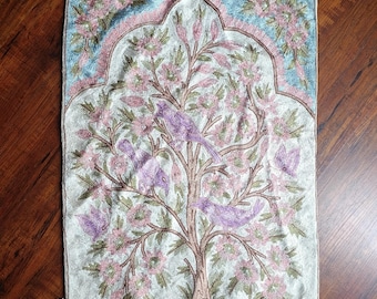 Kashmiri Tree of Life Wall Hanging: Silk Embroidery, Bird Design