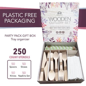 Disposable Wooden Forks, Spoons, Knives Gift Set | Alternative to Plastic Cutlery Eco Biodegradable Compostable
