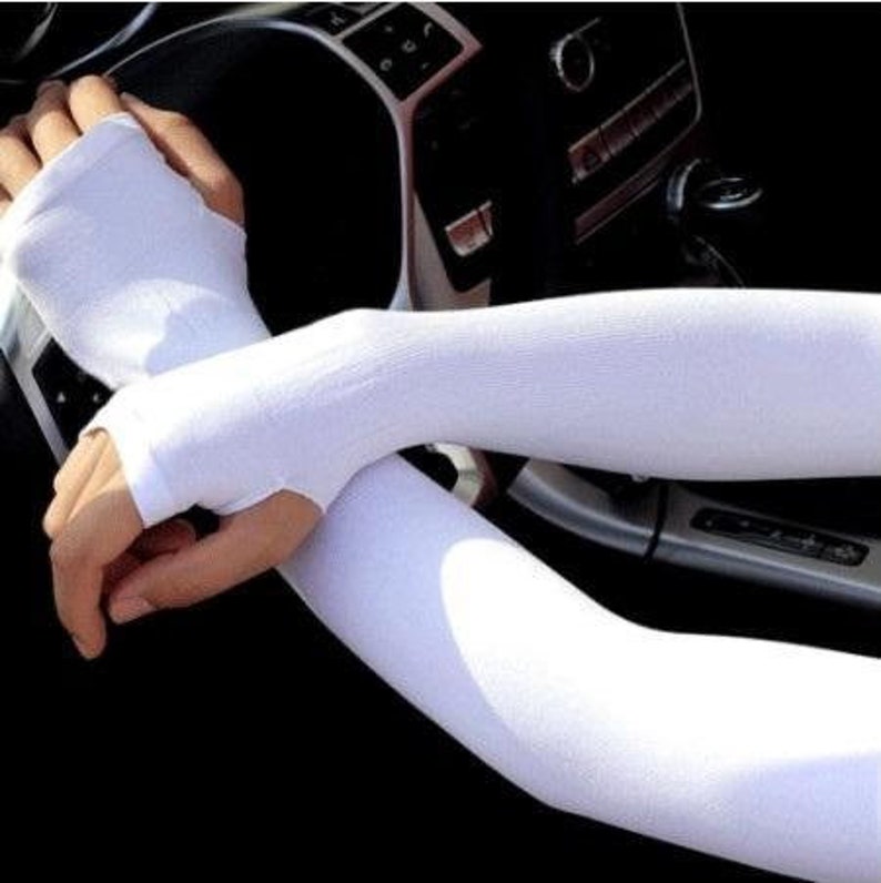 White Long Fingerless Gloves UV Cooling Black Compression Arm Sleeves Cover Shield for Men & Women Fast and Free shipping image 1