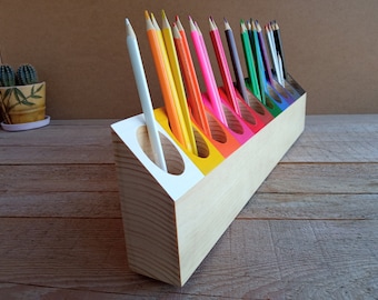 Pencil holder, baby gift, wooden Montessori, color sorting of pencils, child development, wooden organizer, table organizer