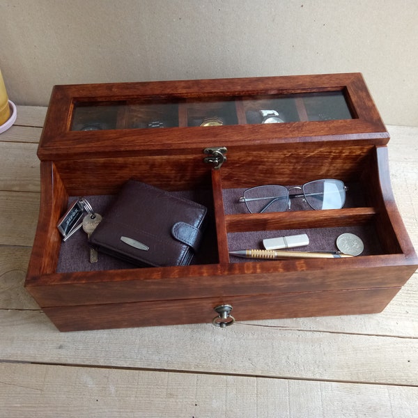 Men's Valet, Watch Case, Valet Box, Watch Box for Men, Boyfriend Gift -Men's Valet Box for 5 watches with Drawer , Men's Watch Box,