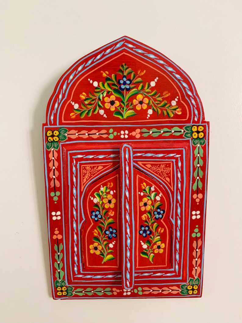 Red Moroccan Painted Wall Mirror Wall Art Decor Mirror Wood Etsy