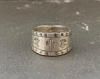 Native American Sterling Silver Southwestern Hand Stamped Ring, Holiday, Gift