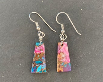 Native American Sterling Silver Pink Dahlia Slab Dangle Earrings, Holiday, Gift