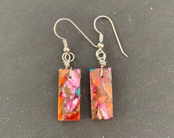 Native American Sterling Silver Orange Dahlia Slab Dangle Earrings, Holiday, Gift