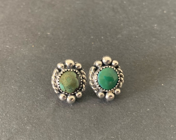 Native American Sterling Silver Hubei Turquoise Southwestern Stud Earrings, Holiday, Gift