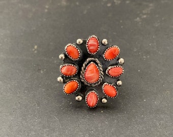 Native American Sterling Silver Red Spiny Oyster Southwestern Mini Cluster Ring, Holiday, Gift