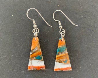 Native American Sterling Silver Spiny Oyster + Kingman Turquoise Slab Dangle Earrings, Holiday, Gift