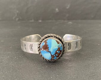 Native American Sterling Silver Hand Stamped Golden Hill Turquoise Southwestern Cuff Bracelet, Holiday, Gift