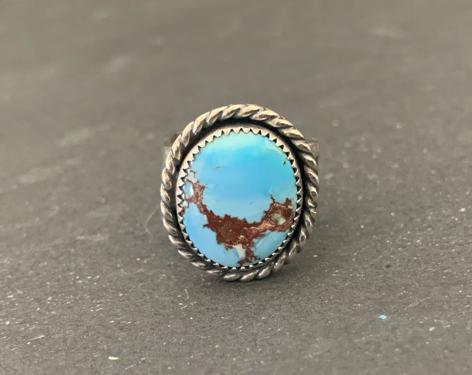 Native American Sterling Silver Golden Hill Turquoise Southwestern Stamped Wide Band Ring, Holiday, Gift