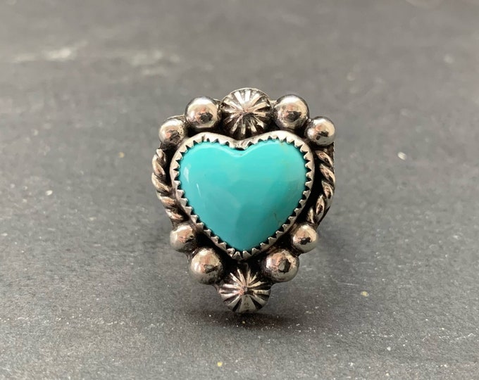 Native American Sterling Silver Kingman Turquoise Southwestern Heart Ring, Holiday, Gift