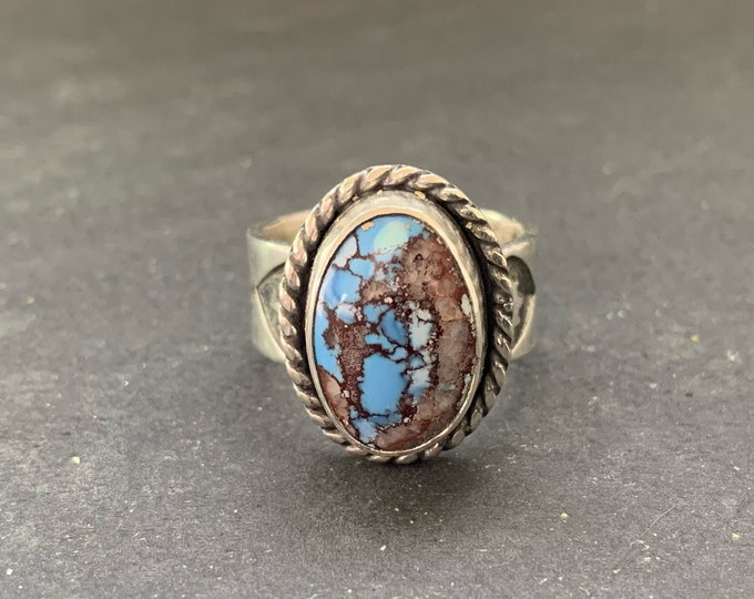 Native American Sterling Silver Golden Hill Turquoise Southwestern Stamped Wide Band Ring, Holiday, Gift