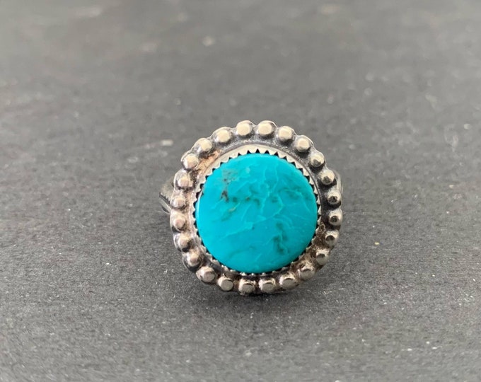 Native American Sterling Silver Hubei Turquoise Southwestern Stamped Stacking Ring, Holiday, Gift