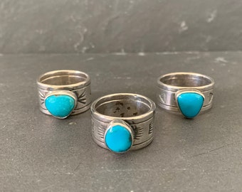 Native American Sterling Silver Bisbee Turquoise Southwestern Stamped Ring, Holiday, Gift