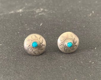 Native American Sterling Silver Sleeping Beauty Turquoise Southwestern Concho Earrings, Holiday, Gift