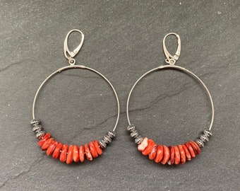 Native American Sterling Silver Southwestern Spiny Oyster Hoop Earrings