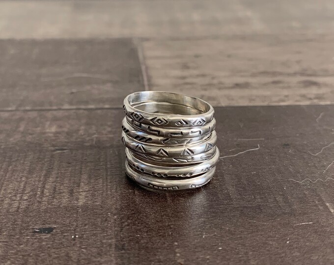 Native American Sterling Silver Hand Stamped Southwestern Stacking Rings